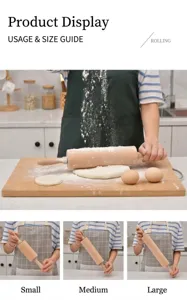Détail montrant trois tailles de rouleaux à pâtisserie en hêtre pour la pâtisserie.