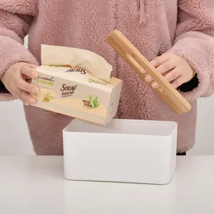 Minimalistische Scandinavische witte tissuedoos met deksel van natuurlijk bamboe