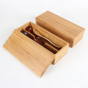 Boîte de rangement en bambou pour couverts avec deux compartiments et couvercle coulissant