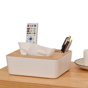 Minimalistische bureau tissueboxhouder met bamboe deksel en opbergvakken voor pennen
