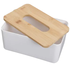 Minimalistische Noordse witte tissuedoos met natuurlijk bamboe deksel voor desktopopslag
