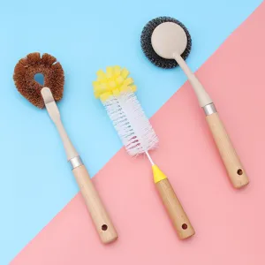 Set of three versatile wooden long handle kitchen cleaning brushes for pots pans and bottles