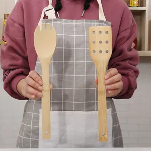 Long handle bamboo kitchen utensil set with spatula and fork for non-stick frying pans