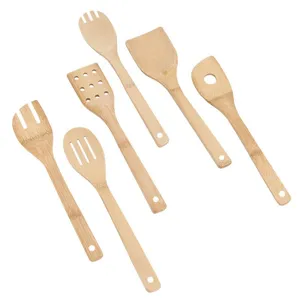 Professional six-piece set of natural bamboo kitchen utensils with long handles on white