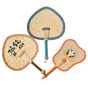 Set of three handcrafted straw woven fans featuring traditional patterns and panda art