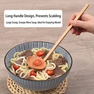 Long handle wooden ramen spoon for soup and noodles, natural wood finish