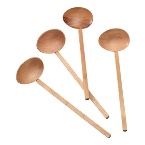 Set of four long handle wooden ramen ladles featuring a natural wood grain finish