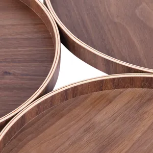 Makroansicht natürlicher runder Holztabletts mit eleganter Walnussmaserung für Zuhause