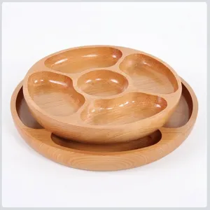 Piatto Frutta Diviso in Legno di Faggio Stile Giapponese 5 Scomparti Vassoio per Snack Piatto da Portata Rotondo per Casa