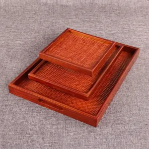 Japanese Style Wooden Rattan Woven Serving Tray Rectangular Square Decorative Wood Food Platter For Tea Fruit Dessert Home Hotel