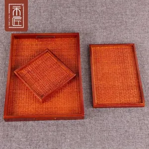 Japanese style handmade rattan woven wooden serving tray set for tea and snacks