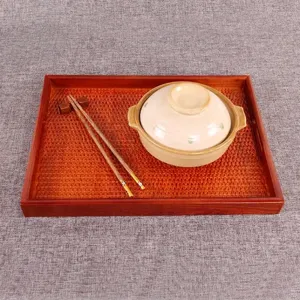 Handcrafted Japanese style wooden serving tray with woven rattan bottom for home or tea