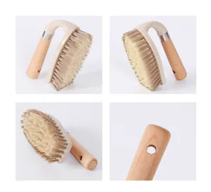 Multi-angle view of a wooden handle laundry brush with durable bristles
