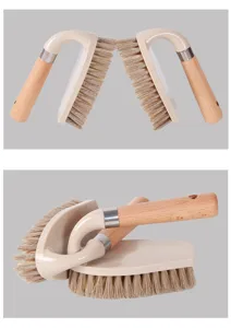 Close-up detail showing the ergonomic wooden handle and sturdy bristles of the cleaning brush