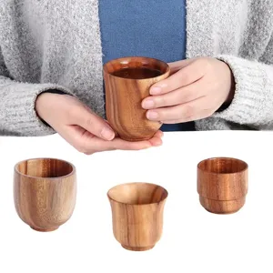 Handcrafted vintage acacia wood Japanese sake cups set for heat insulated tea and spirits