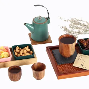 Handcrafted retro Japanese acacia wood sake cups and tea set for home and hotel use