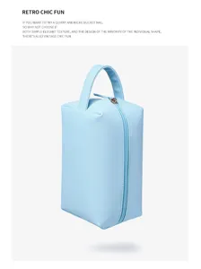 Lichtblauwe waterdichte PU-lederen reis make-up tas met handvat detailweergave