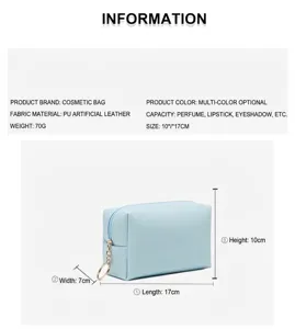 Borsa per cosmetici in pelle PU azzurra impermeabile con dimensioni 17cm x 7cm x 10cm