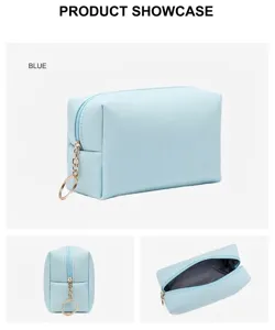 Vista multi-angolo dettagliata di una borsa per cosmetici in pelle PU azzurra con cerniera