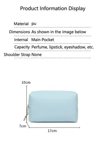 Detail view of a light blue PU leather cosmetic bag showing its dimensions and fine texture