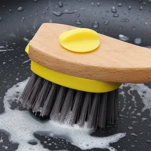 Ergonomic wooden handle kitchen cleaning brush with grey bristles for pots and pans