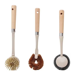 Set of 3 long-handled kitchen dish brushes with wooden handles and diverse heads