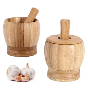 Natural Bamboo Mortar And Pestle Set For Garlic Ginger Spices Grinding Manual Food Crusher With Lid Kitchen Cooking Tools