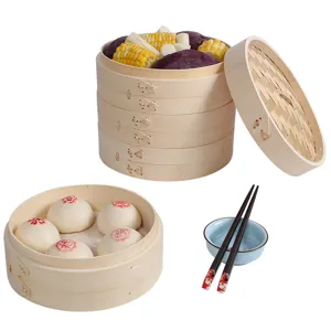 Traditional multi-tier bamboo steamer basket set for buns and vegetables