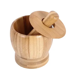 Natural bamboo mortar and pestle set with lid for kitchen spice grinding
