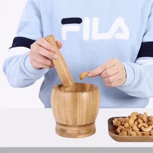 Natural bamboo mortar and pestle set for kitchen garlic and spice grinding, durable and eco-friendly