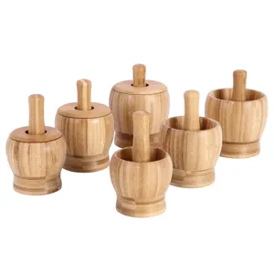 Handcrafted traditional bamboo mortar and pestle set for garlic and spice grinding