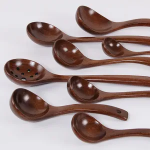 Set of long-handle Japanese-style wooden soup ladles and slotted spoons for kitchen