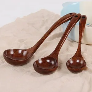 Set of three handcrafted natural wenge wood long handle soup spoons for kitchen use