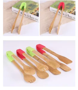 Professional set of bamboo food tongs with colorful silicone handles for baking and grilling
