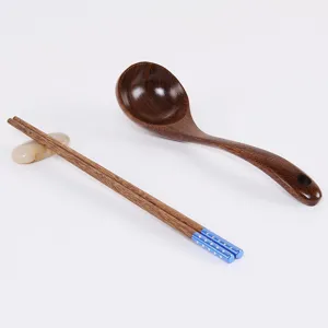 Natural chicken wing wood soup spoon and chopsticks set with blue decorative ends