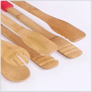 Eco-friendly natural bamboo kitchen food tongs with red silicone handles for BBQ and baking
