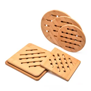 Eco-friendly natural bamboo heat insulation trivet set featuring round and square hollowed mats