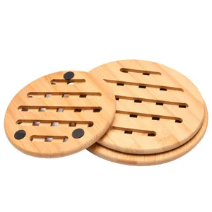 Eco-friendly circular bamboo trivet set featuring hollow heat dissipation slots and anti-slip feet