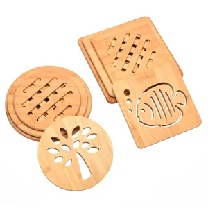 Eco-friendly hollow bamboo trivet set for hot dishes and table protection with tree design