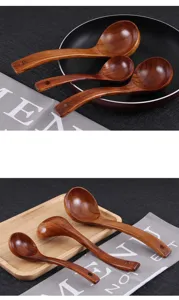 Set van drie handgemaakte houten soeplepels met lange gebogen handgrepen voor de keuken