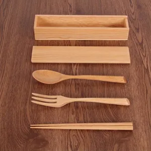 Tragbares 3-teiliges Holzbesteck-Set mit Löffel, Gabel, Stäbchen und hölzerner Aufbewahrungsbox