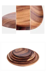 Vista detallada de platos redondos de madera de acacia con vetas naturales y varios tamaños