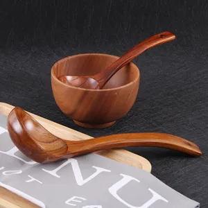 Handgemaakte natuurlijke houten soeplepel en kom set met lange gebogen steel voor keuken
