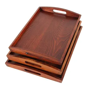 Juego de 3 bandejas de madera rectangulares con asas y acabado en color oscuro