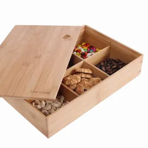 Caja de bambú ecológica con compartimentos y tapa para servir frutos secos y dulces