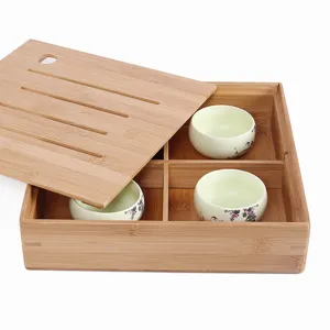 Caja de aperitivos creativa de bambú con tapa y tazas de té de cerámica con flores