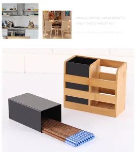 Porte-baguettes en bambou et metal egouttoir de cuisine boite de rangement ustensiles.