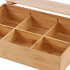 Caja organizadora de bambú natural con tapa dividida para frutos secos y aperitivos de mesa