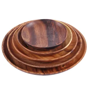 Elegante juego de platos redondos de madera de acacia hechos a mano para servir frutas