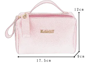 Detailed view of the pink PU leather wash bag showing dimensions 17.5 x 9 x 12 cm